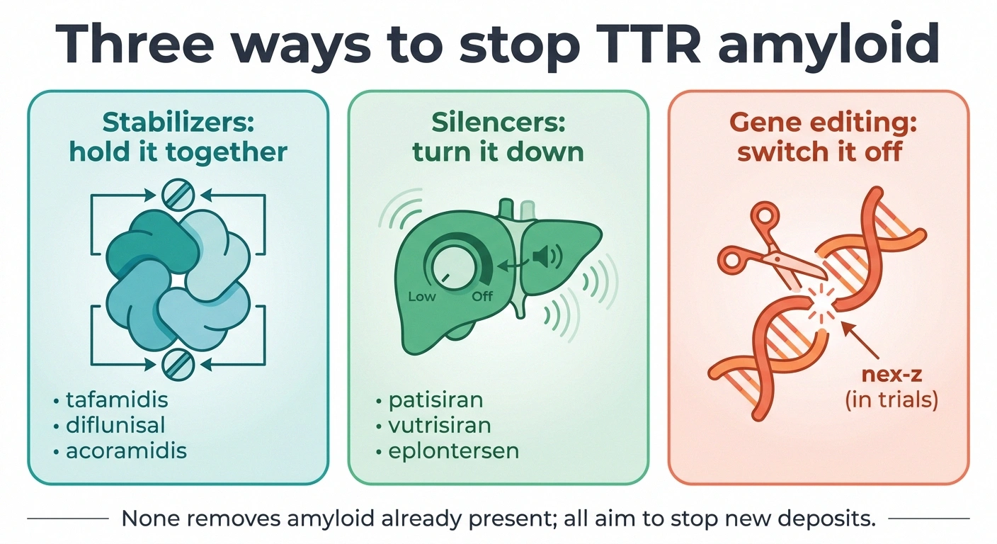 Infographic of three ATTR treatment strategies: stabilizers, silencers and gene editing