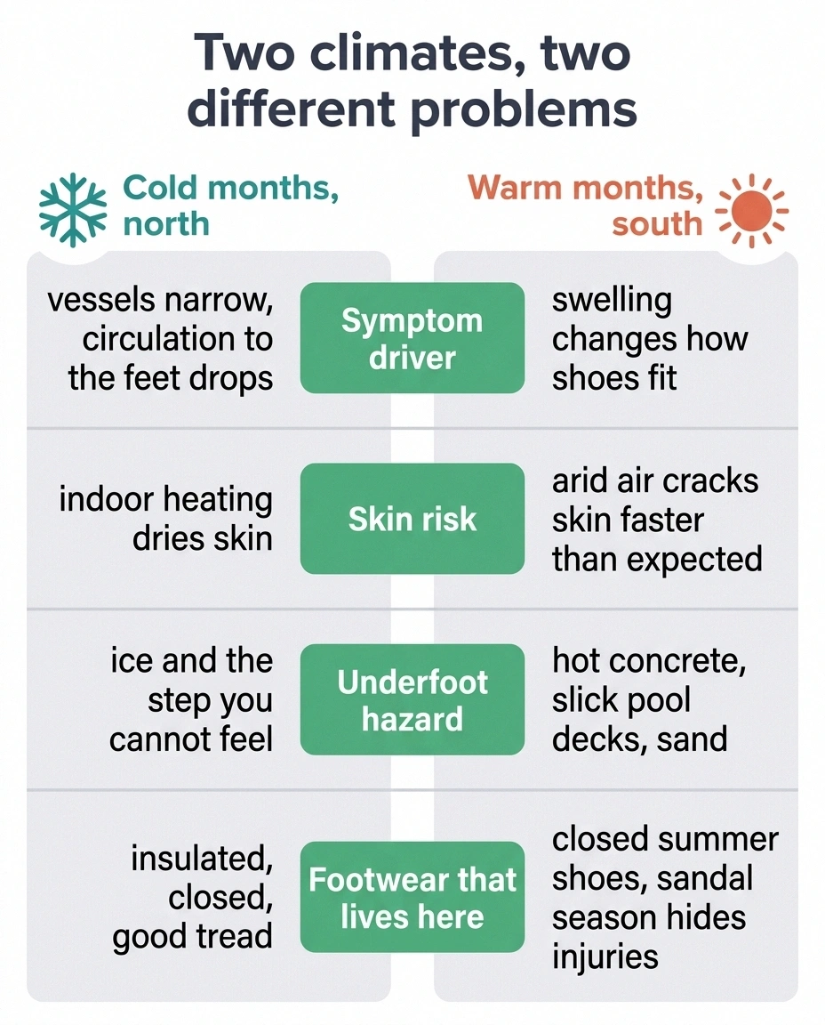 Two-column chart comparing cold and warm climate effects on neuropathy symptoms and hazards