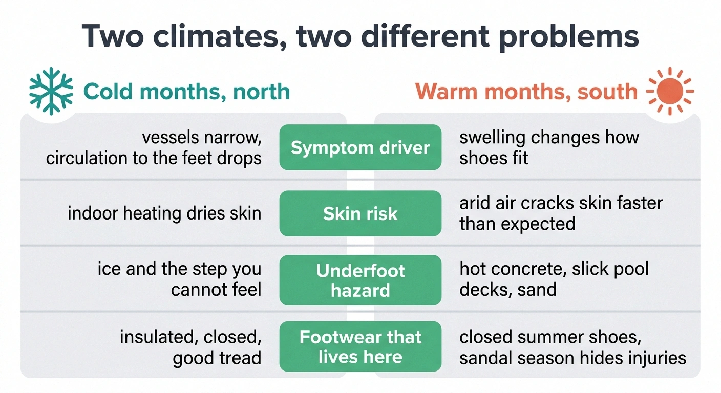 Two-column chart comparing cold and warm climate effects on neuropathy symptoms and hazards
