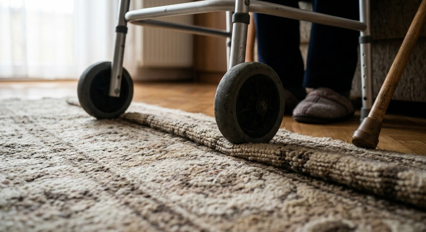 Rollator front wheels stalled against the raised edge of a thick pile rug