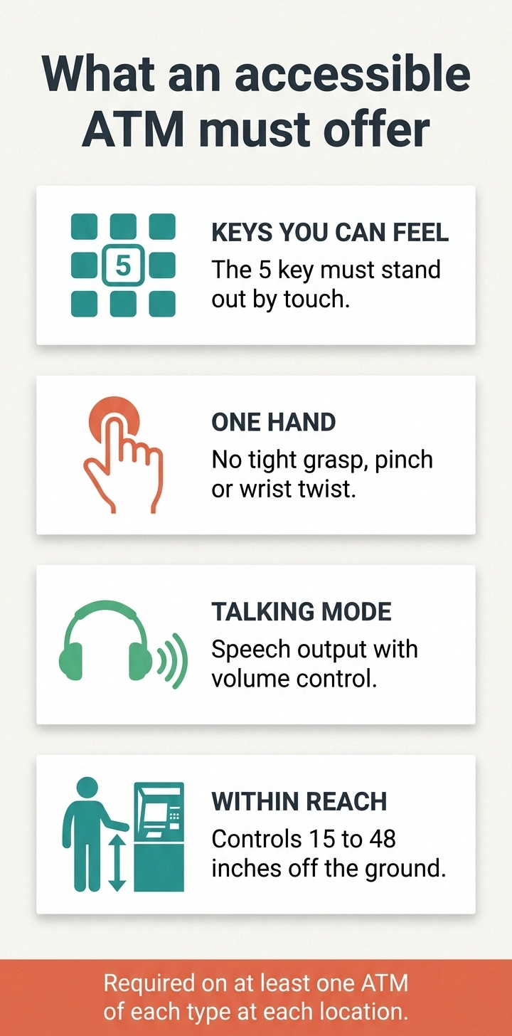 Infographic of four features an accessible ATM must offer