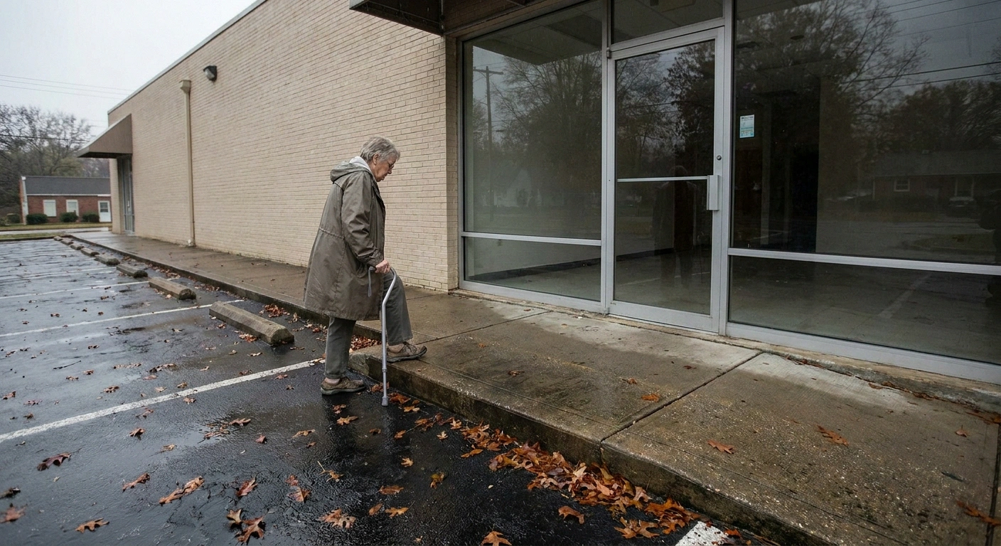 Older woman with a cane stepping up a wet curb toward a building