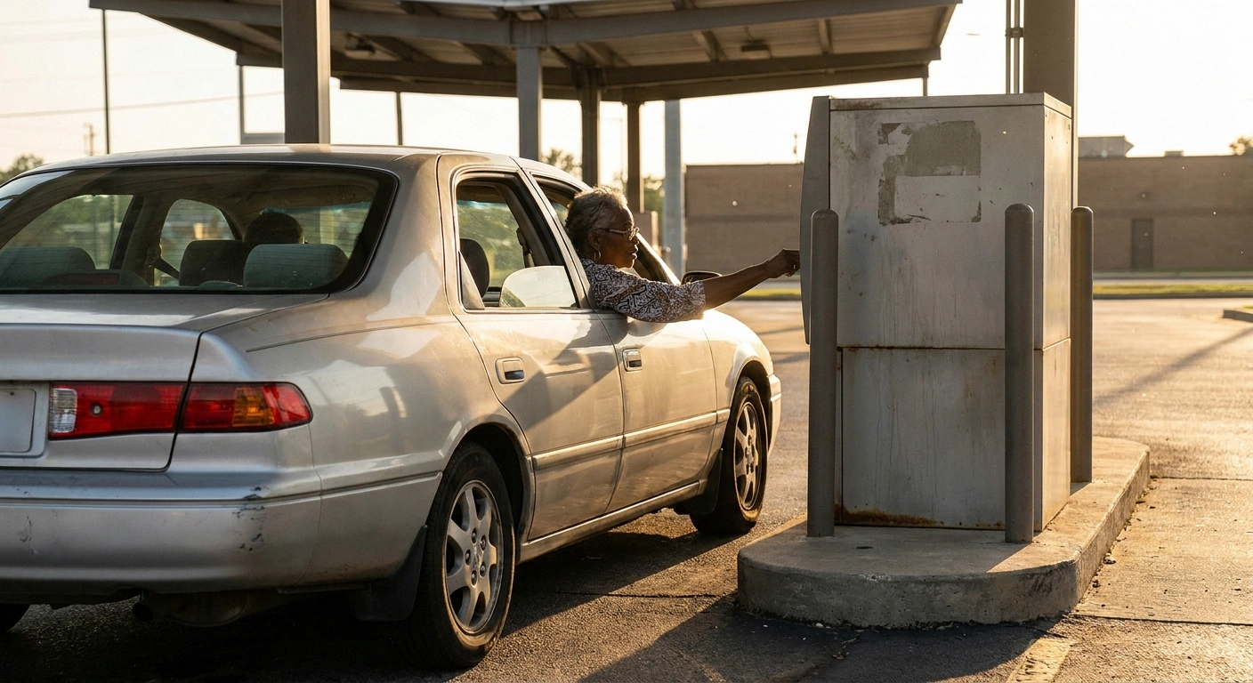 Older woman reaching from her car window to a drive-up ATM