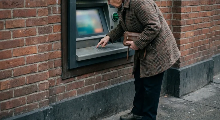 Older woman pressing keys at an outdoor ATM set in a brick wall