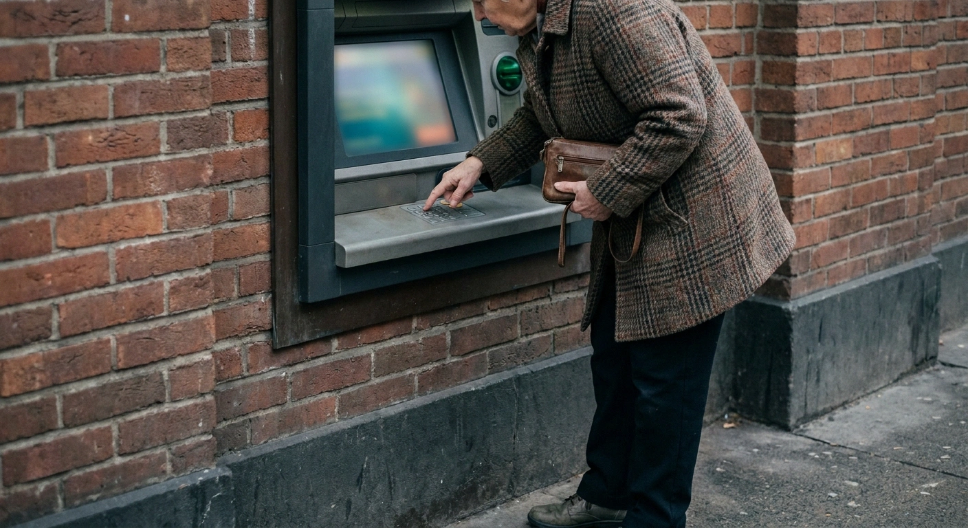 Older woman pressing keys at an outdoor ATM set in a brick wall