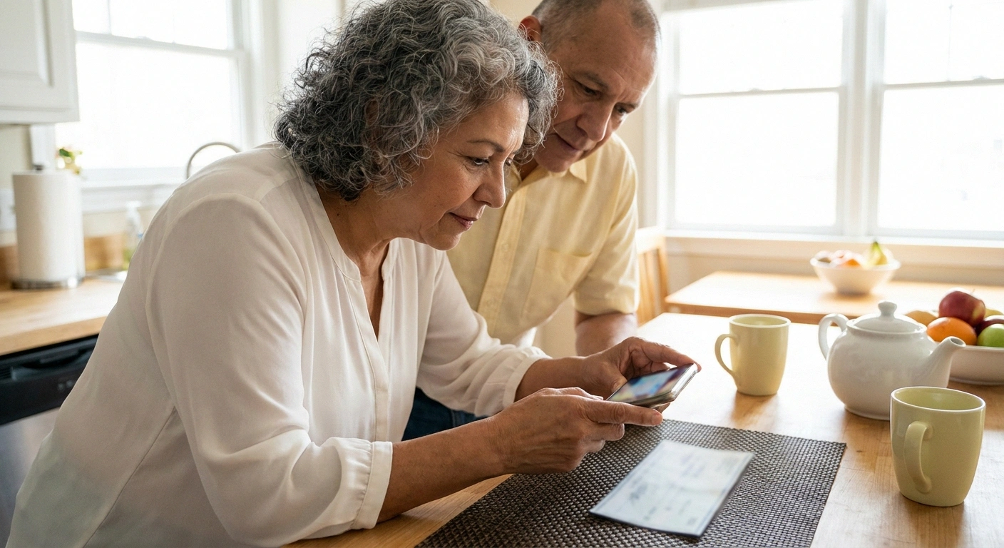 Older woman photographing a paper check with her phone at the kitchen table