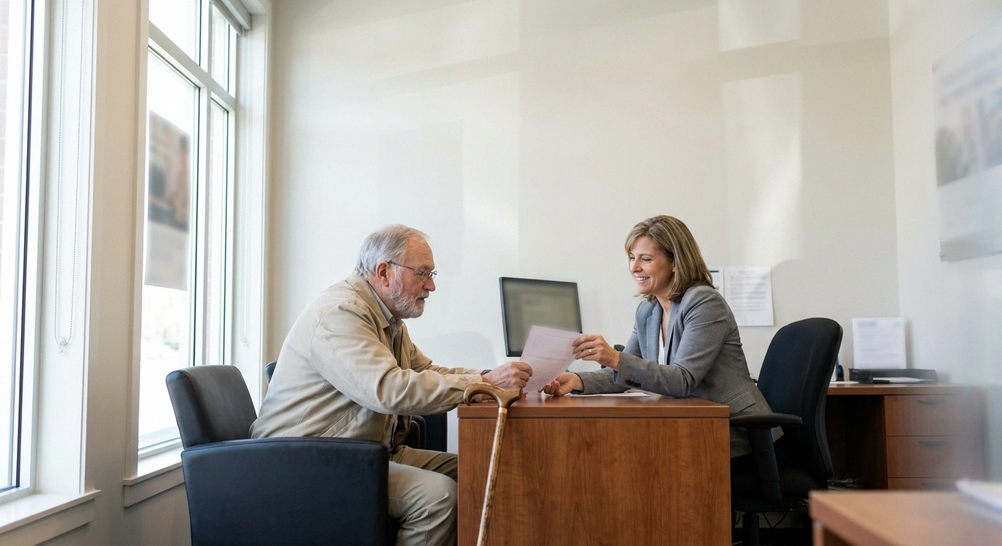 Older man with a cane seated at a desk across from a banker