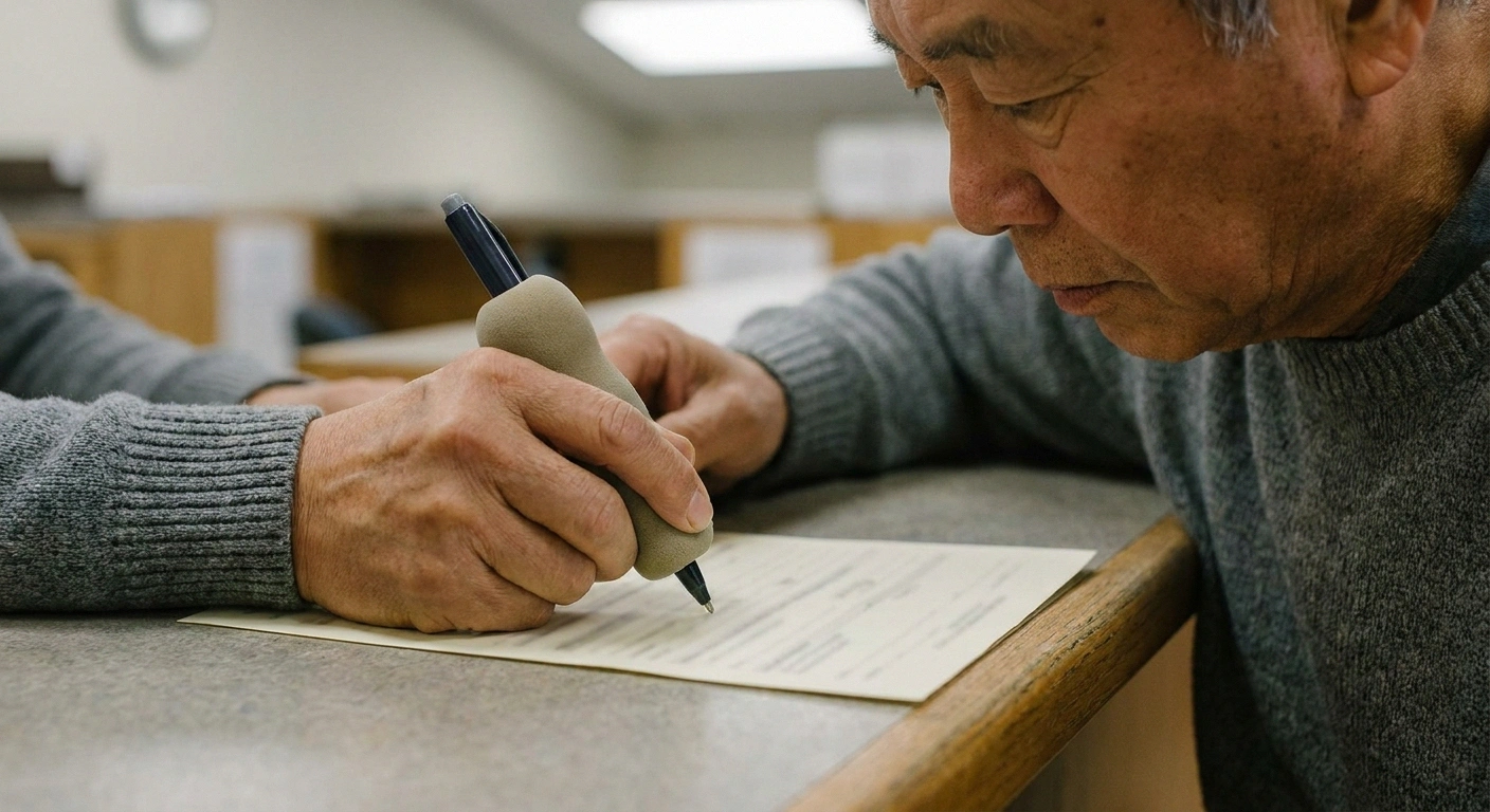 Older man signing a bank form with a foam-grip pen