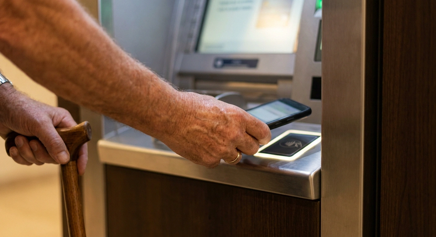 Hand holding a phone to the contactless reader of an ATM