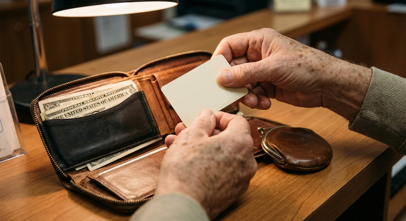 Older hands sliding a plain card out of a roomy zippered wallet