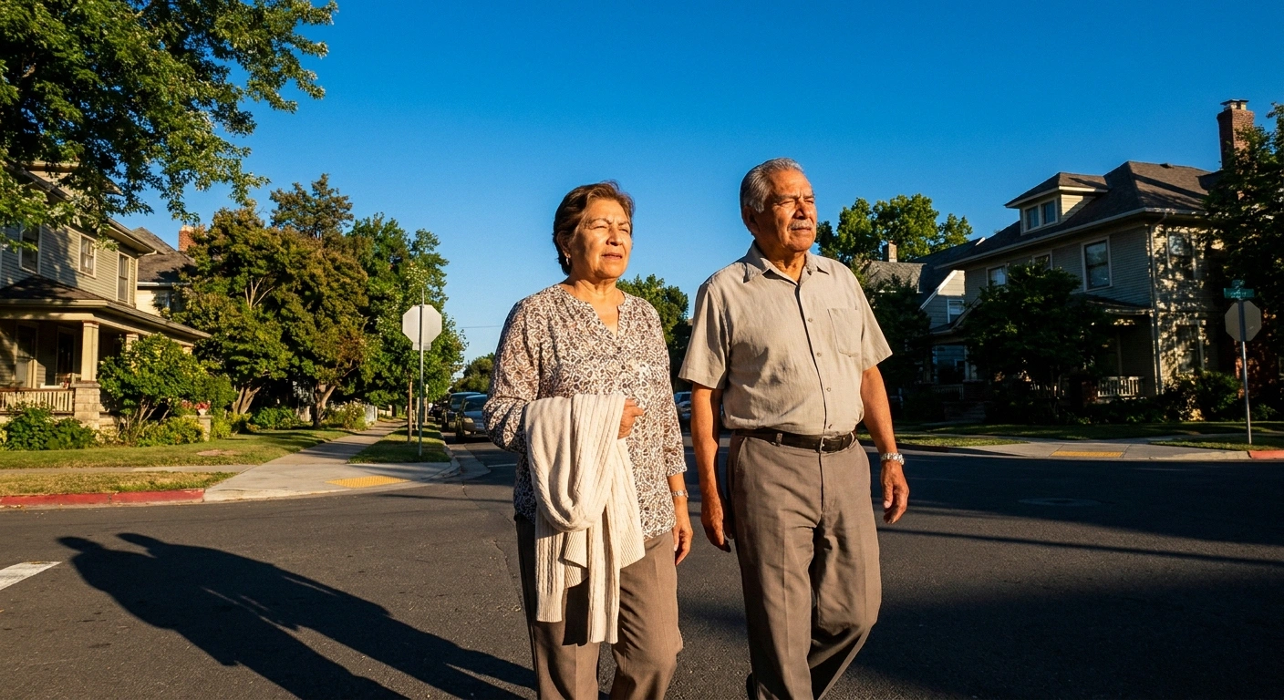 Older couple walking along a sunny neighborhood sidewalk in the afternoon