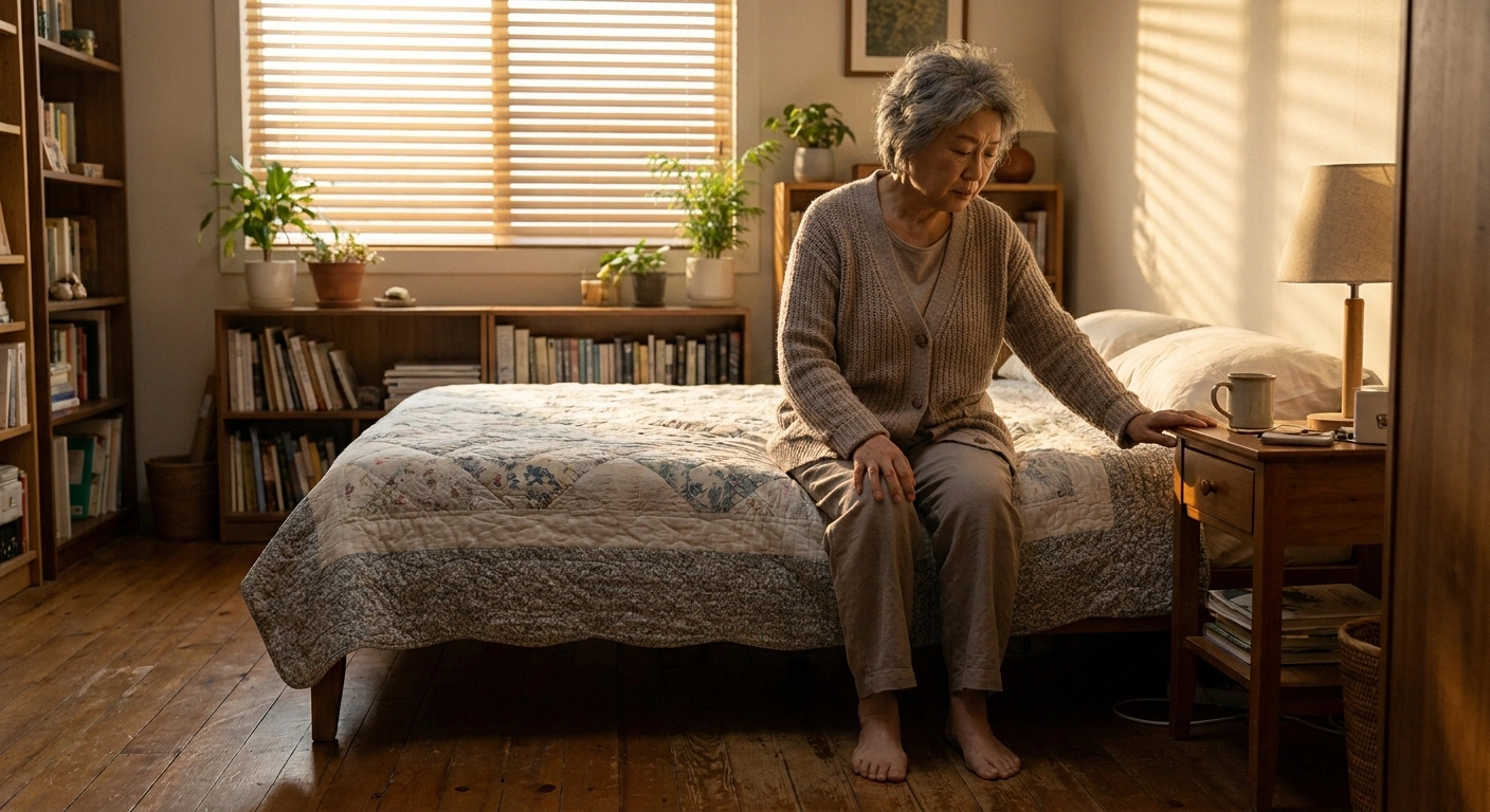 Older woman sitting on the edge of her bed with feet flat before standing
