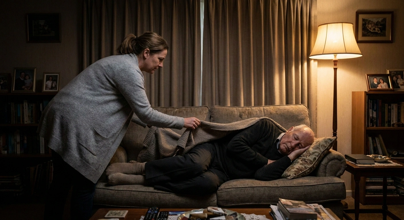 Daughter laying a blanket over her father as he naps on the sofa