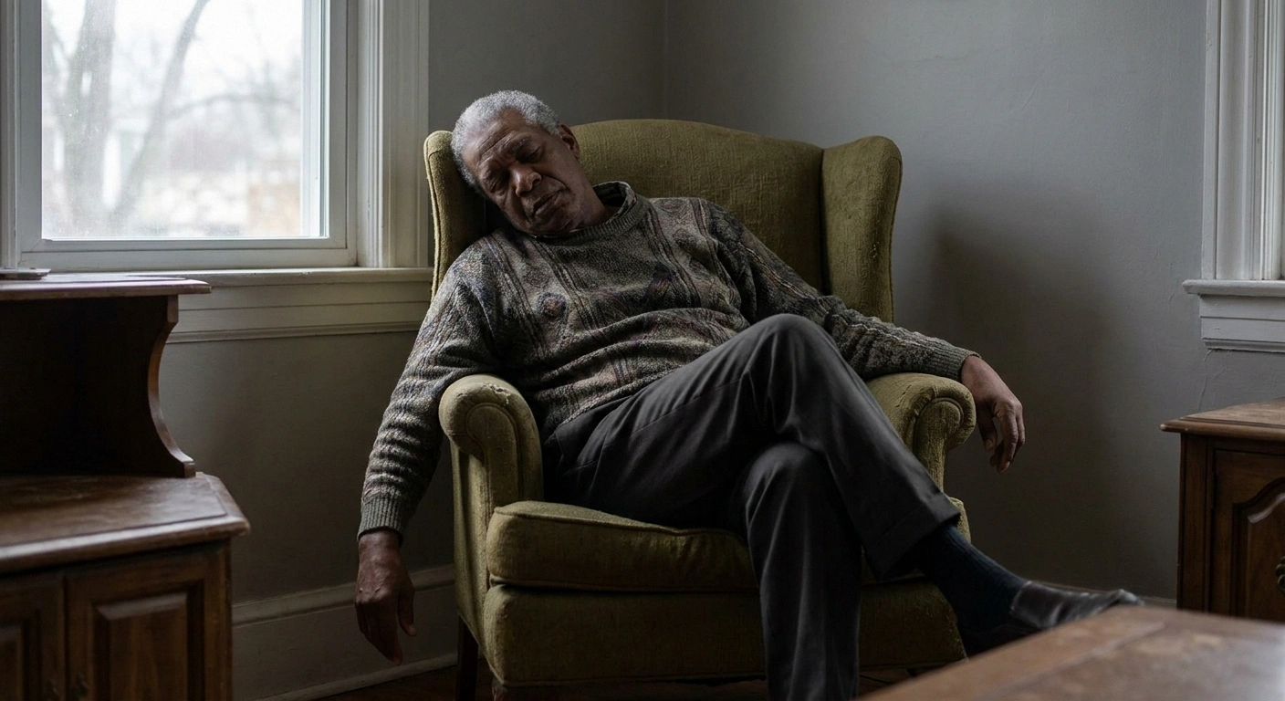 Older man asleep in an armchair with legs crossed and one arm hanging down