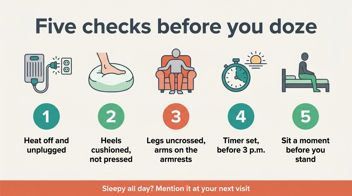 Infographic of five safety checks before a nap with numb feet