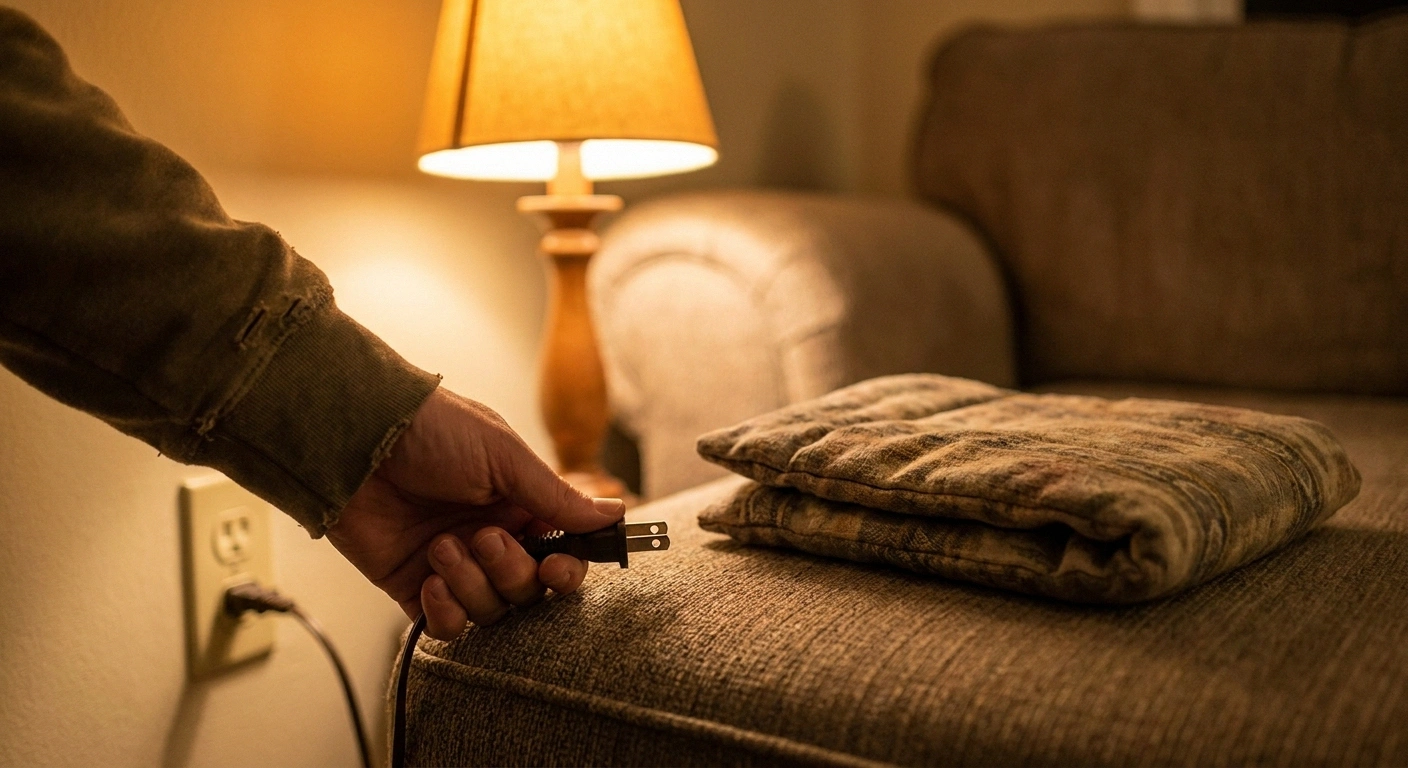 Hand unplugging a heating pad cord from a wall outlet beside a sofa