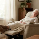 Older woman napping in a recliner with her feet up and a knit throw