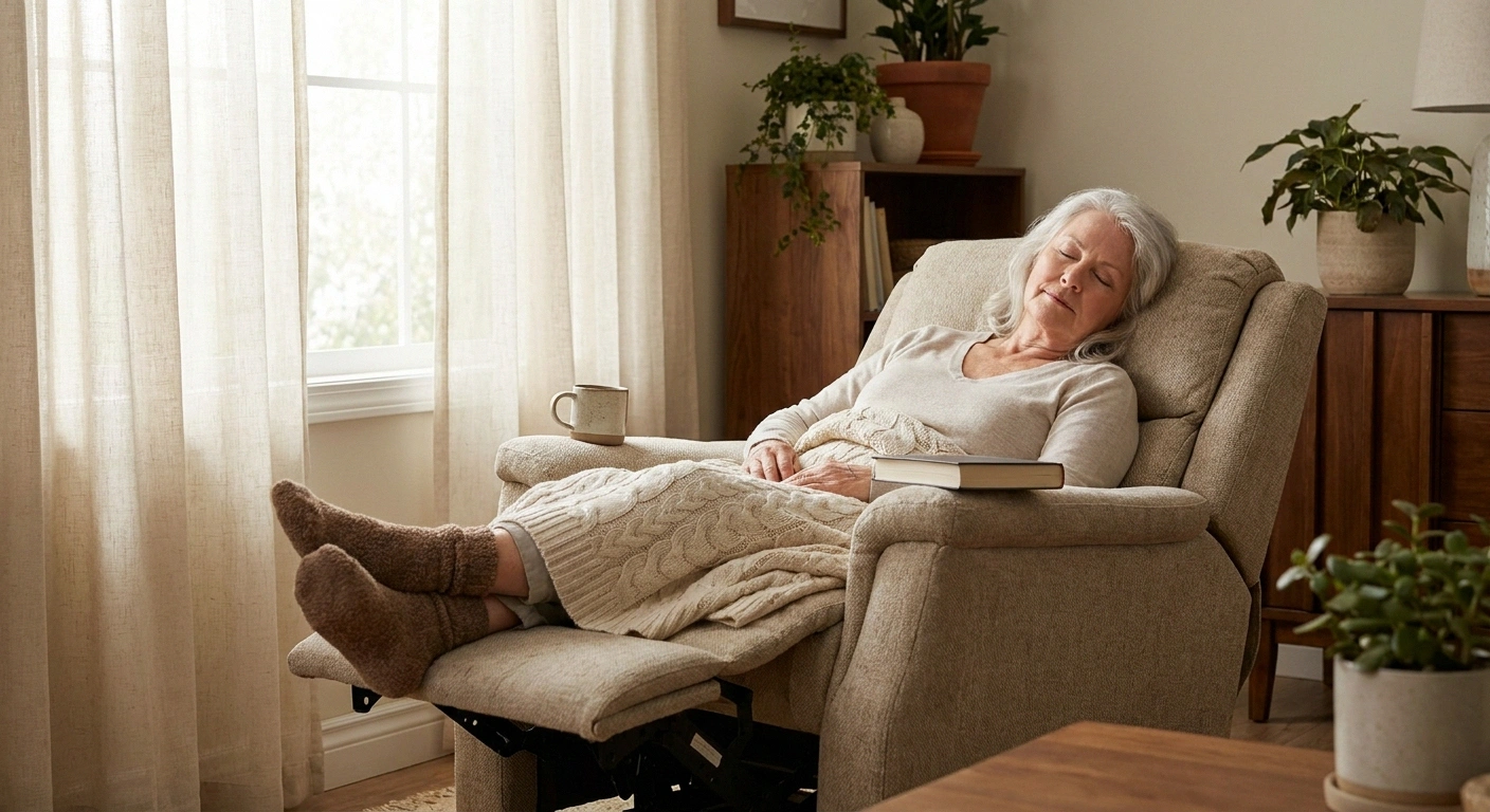 Older woman napping in a recliner with her feet up and a knit throw