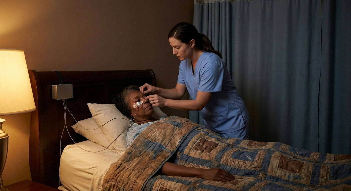 Technician adjusting a sensor on an older woman in a sleep lab bed