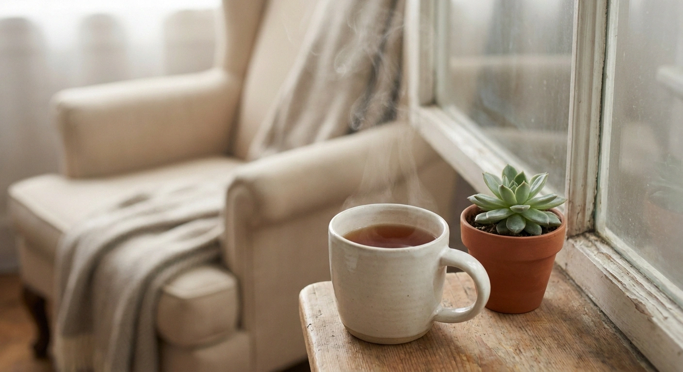 Mug of herbal tea on a sunny windowsill beside a small potted plant