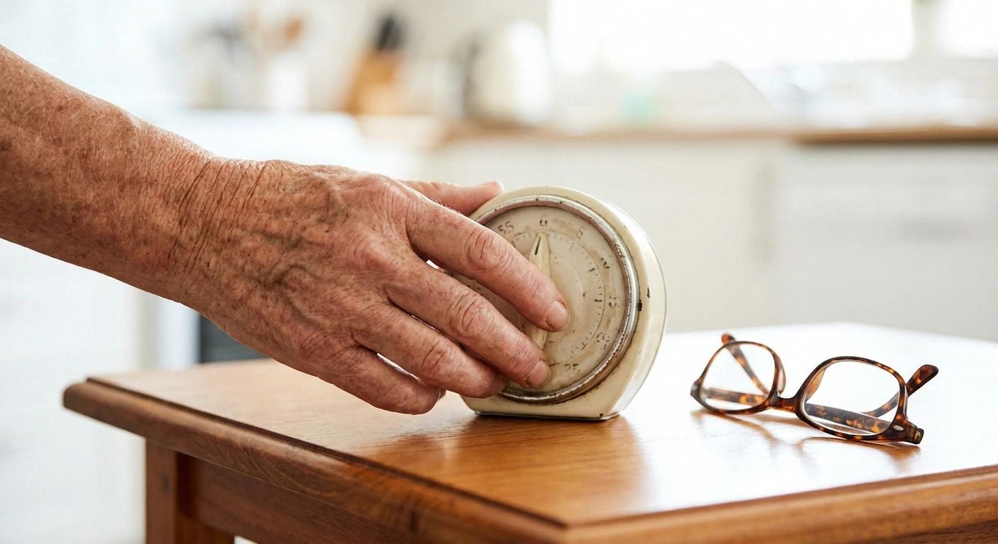 Hand turning a wind-up kitchen timer beside a pair of reading glasses