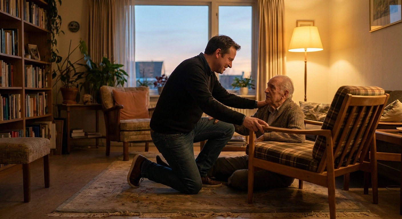 Son kneeling beside his father on the carpet and sliding a chair close