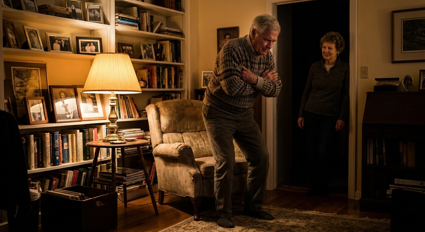 Older man practicing a chair stand with arms crossed as his wife watches