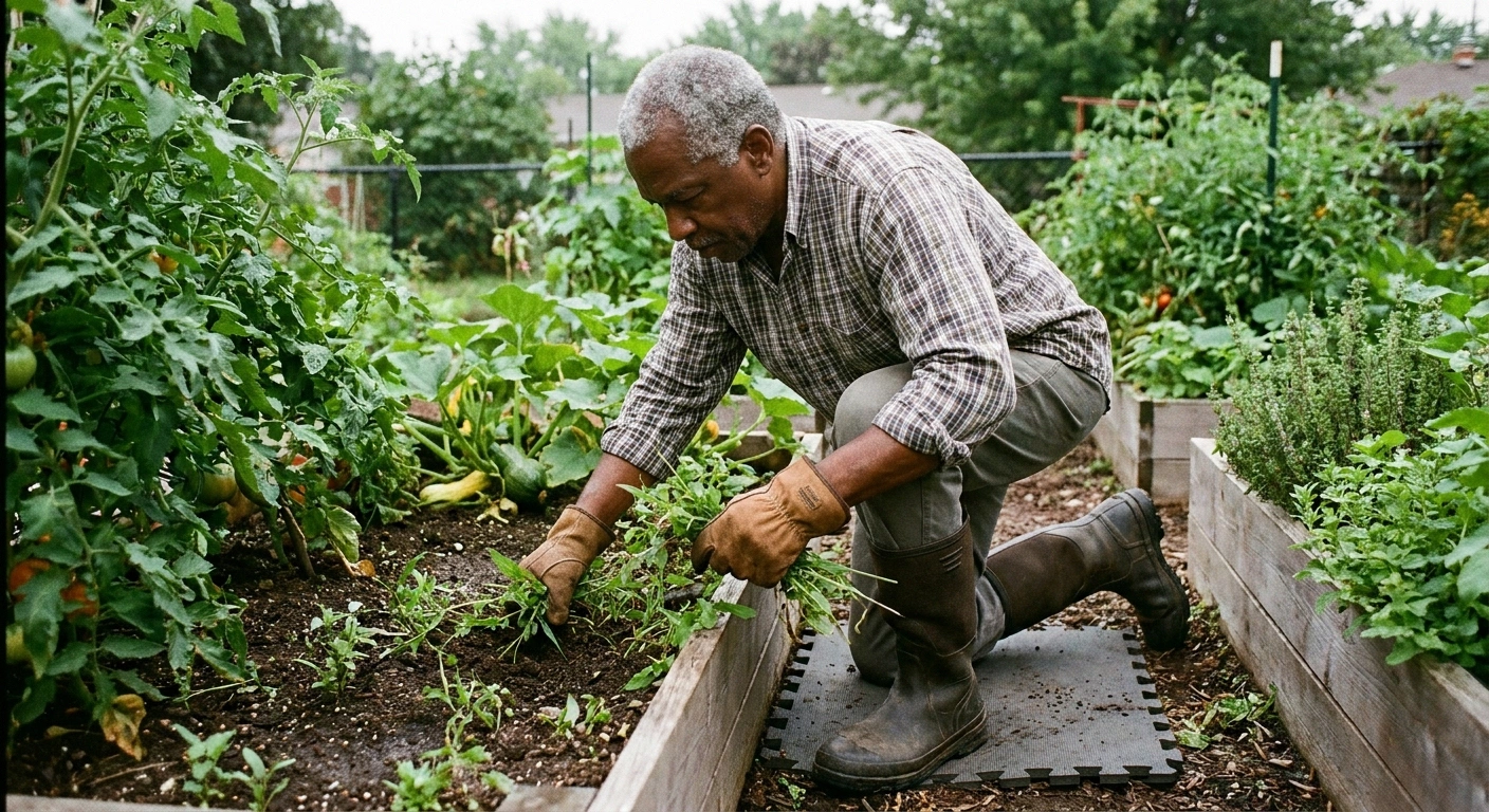 Older man kneeling on a foam pad to weed a raised garden bed