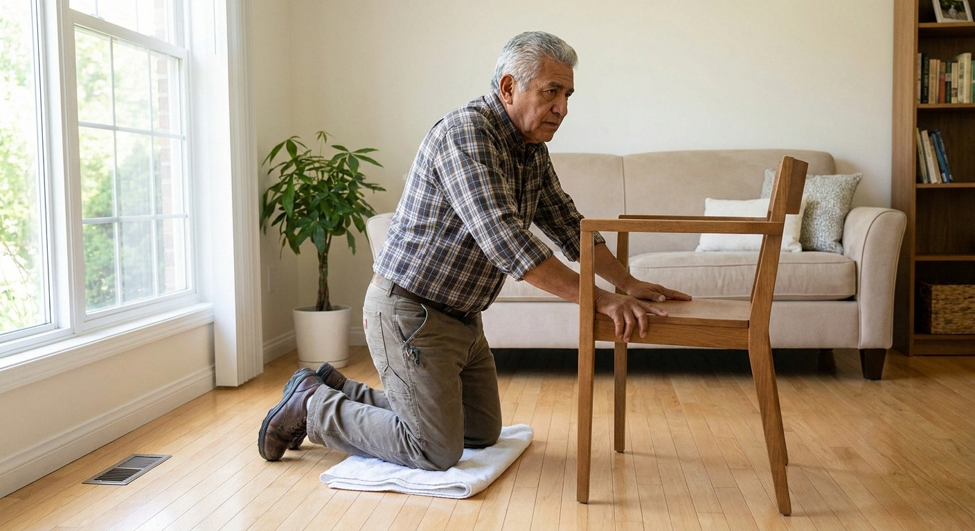 Older man kneeling on a folded towel, hands on a sturdy chair seat