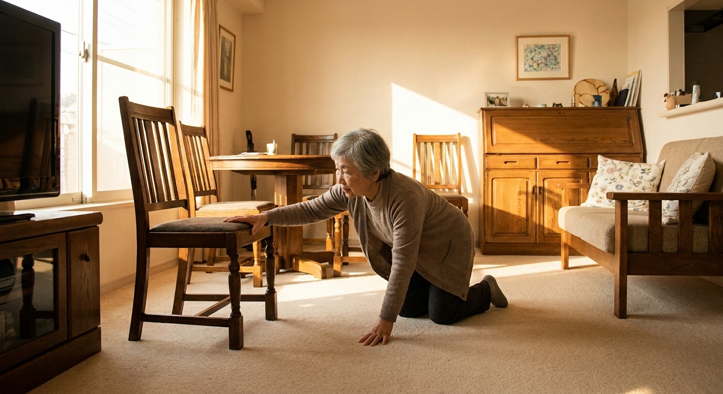 Woman on her hands and knees reaching for the seat of a wooden chair