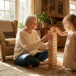 Grandmother sitting on a rug building a block tower with her granddaughter