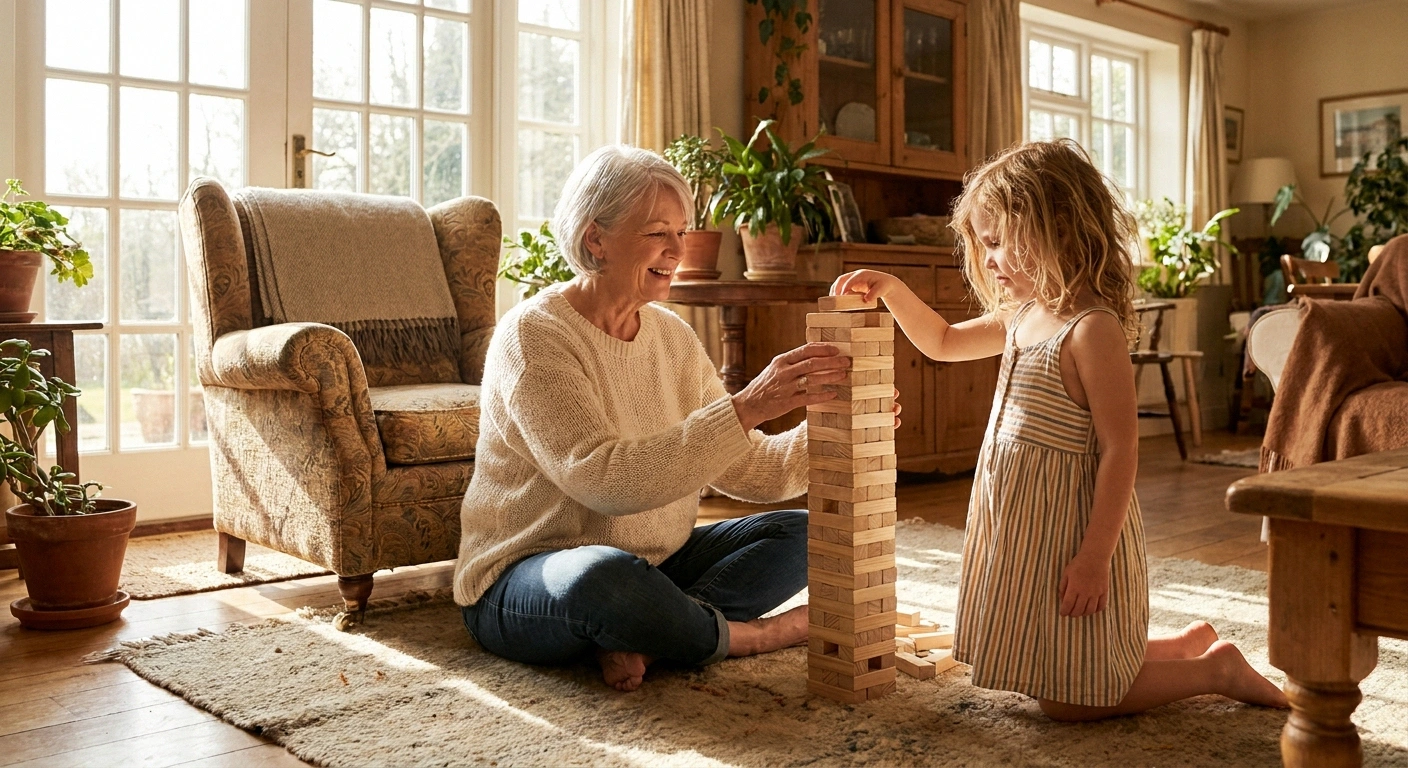 Grandmother sitting on a rug building a block tower with her granddaughter
