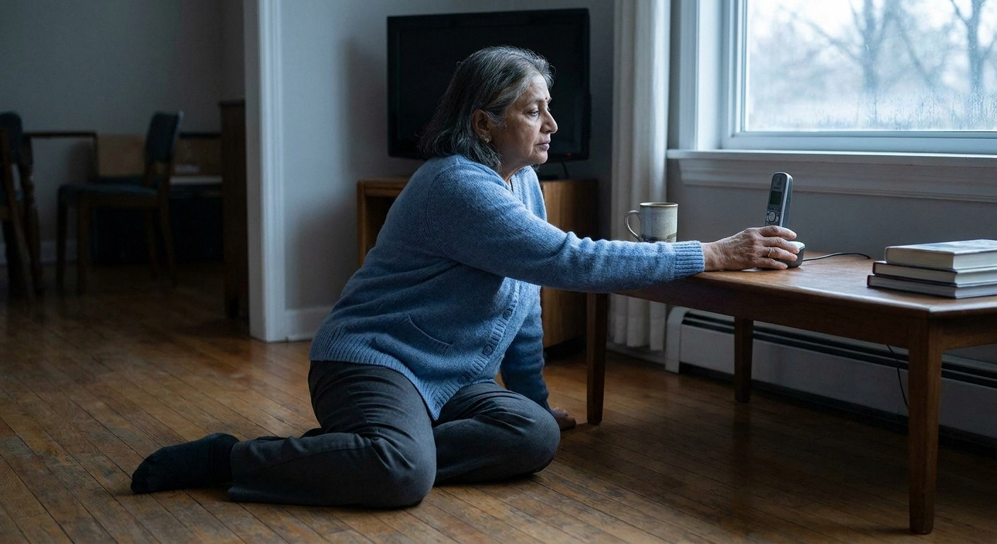 Woman sitting on a wood floor reaching for a phone on a low table