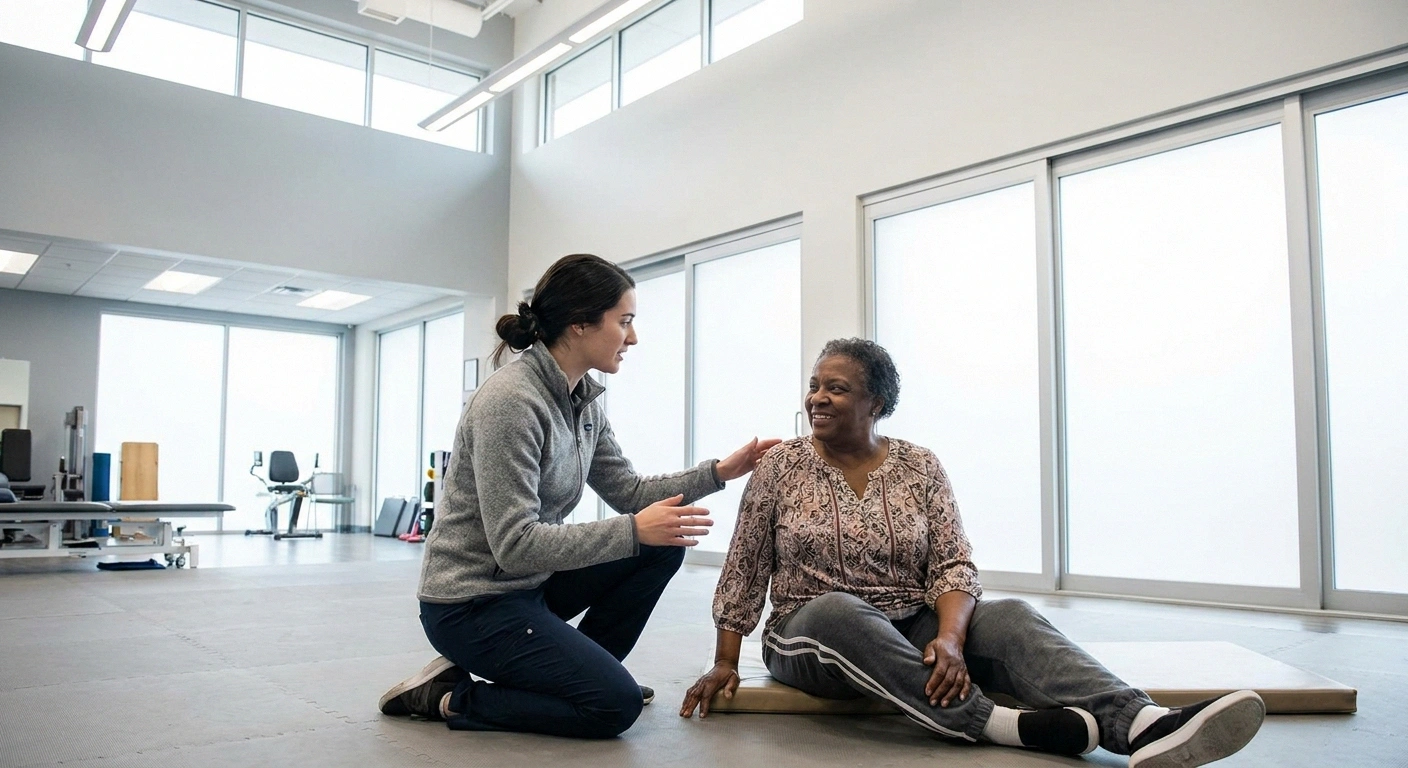 Physical therapist kneeling beside an older woman sitting on a clinic mat