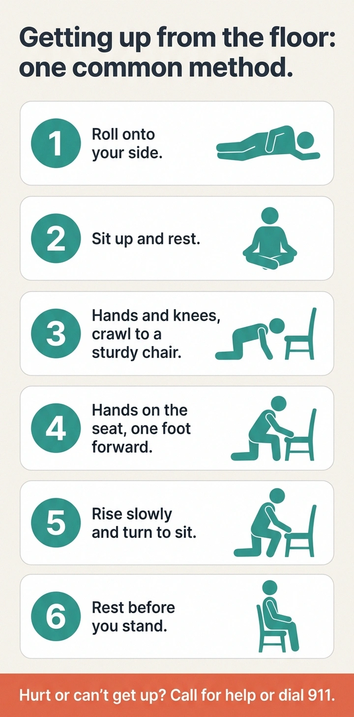 Infographic of six steps for getting up from the floor with a chair