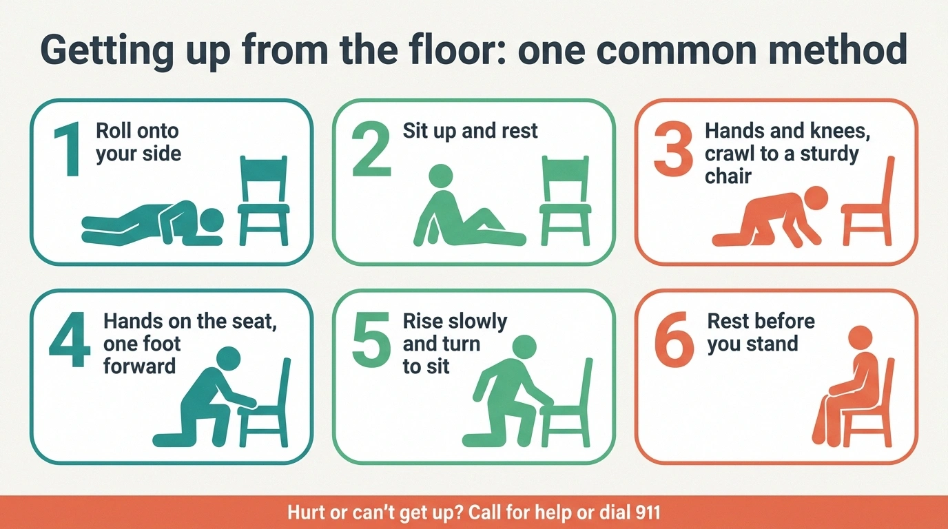 Infographic of six steps for getting up from the floor with a chair