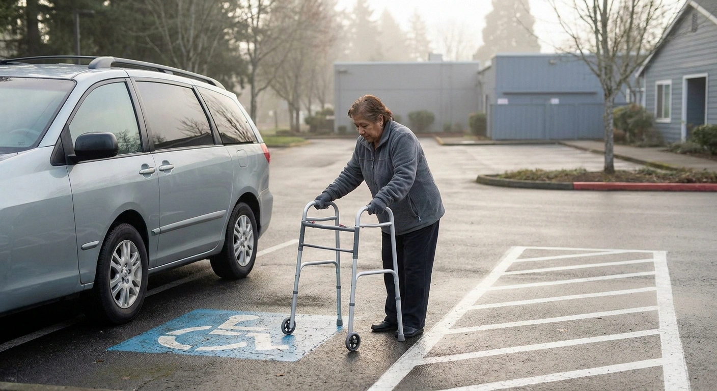 Older woman unfolding a walker in the striped aisle beside a minivan