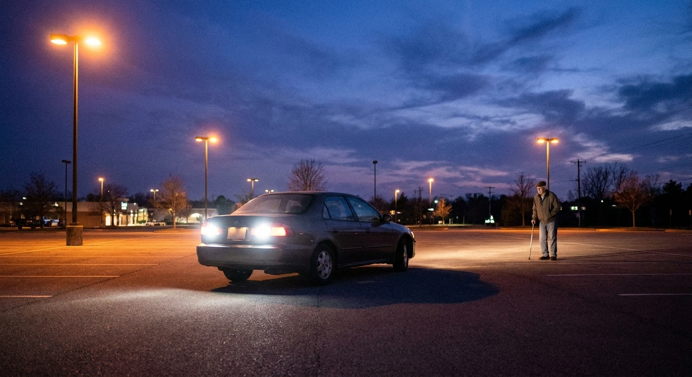 Car backing out at dusk as an older man with a cane waits