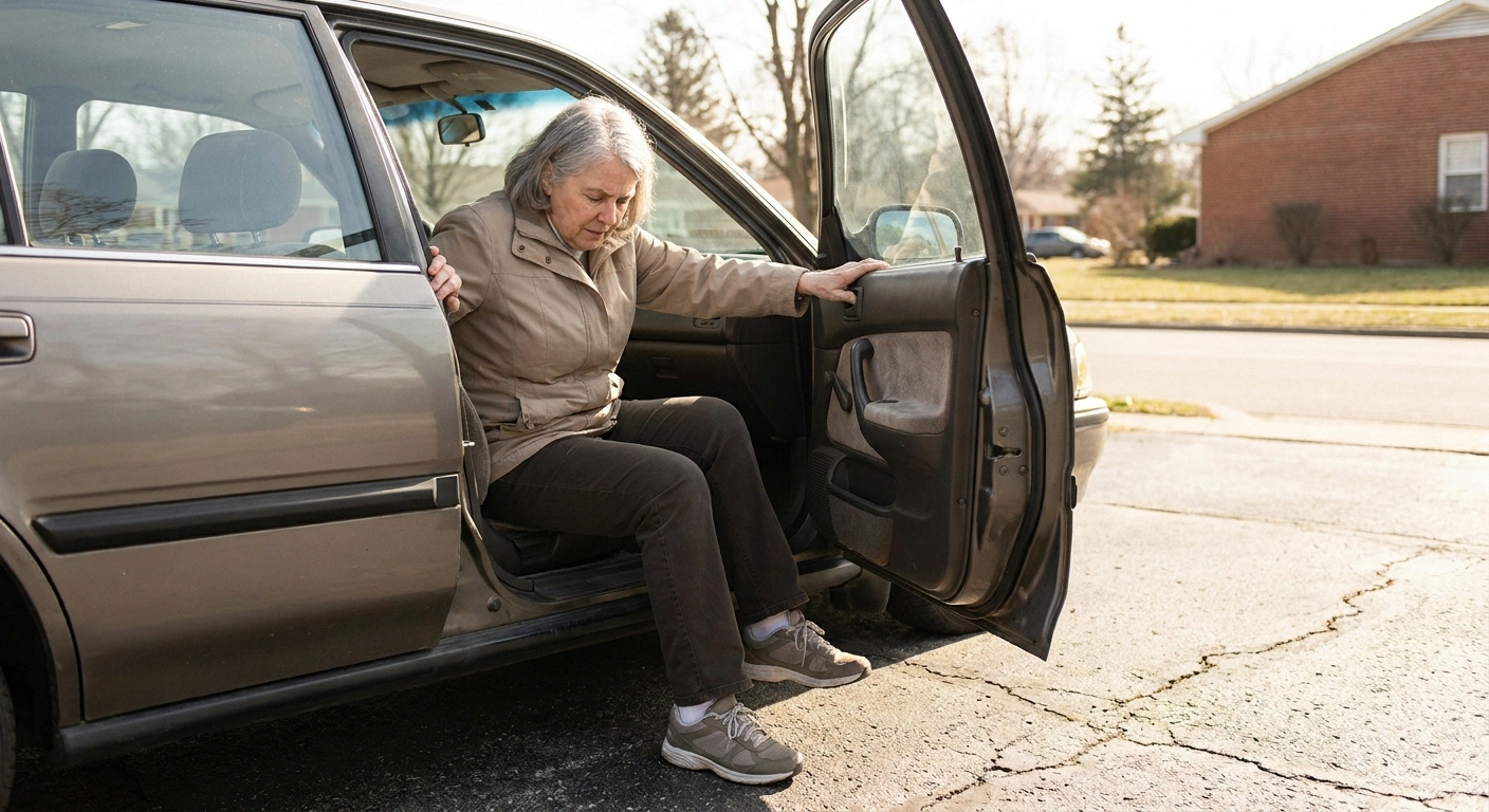 Older woman seated sideways in a car with both feet on the pavement