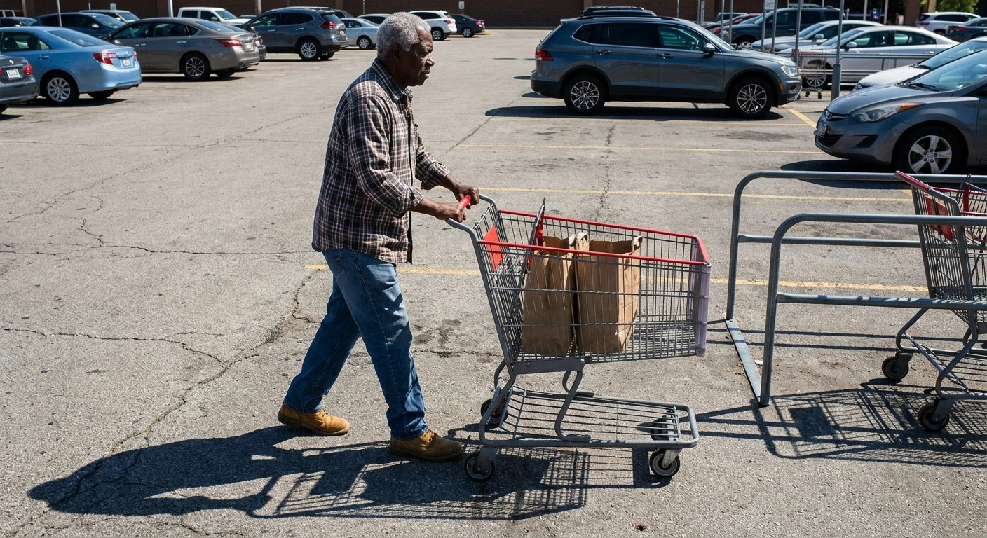 Older man pushing a shopping cart with grocery bags toward a cart corral