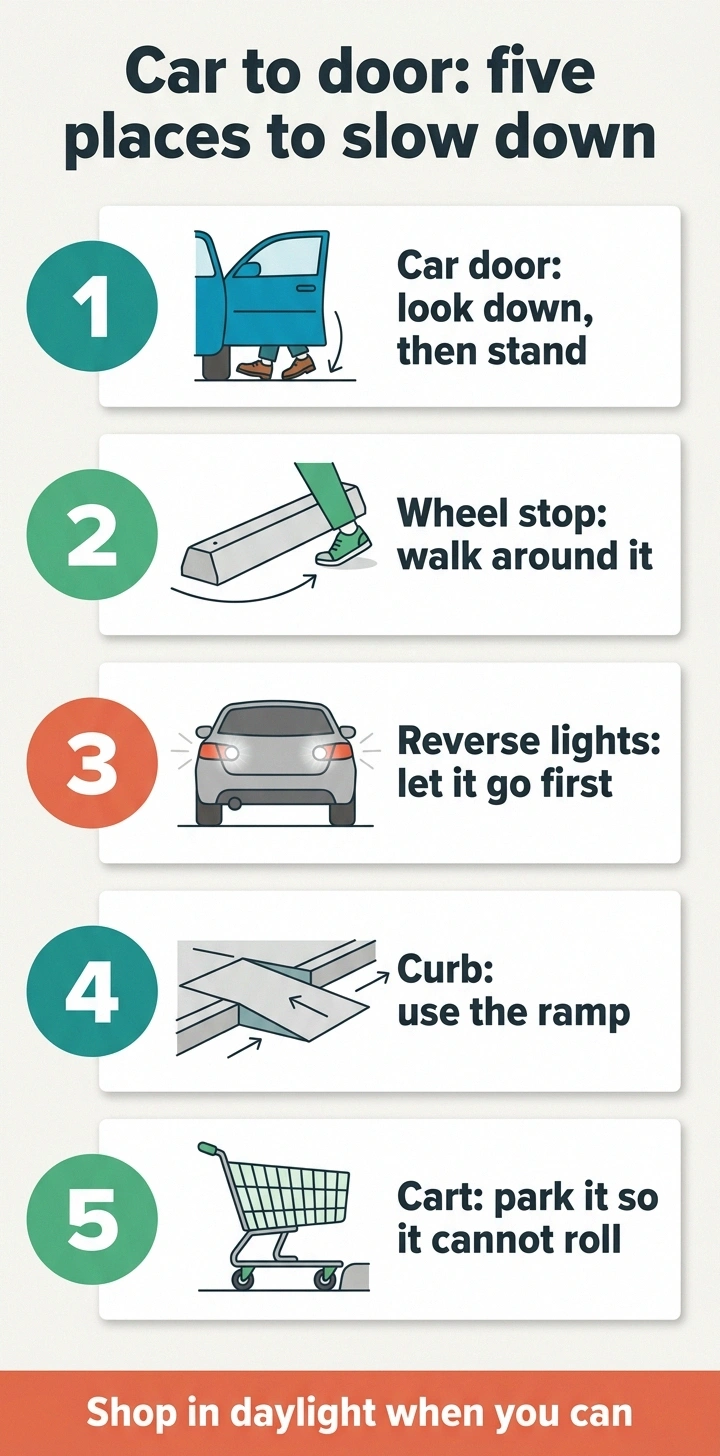Infographic of five parking lot spots where numb feet need extra care