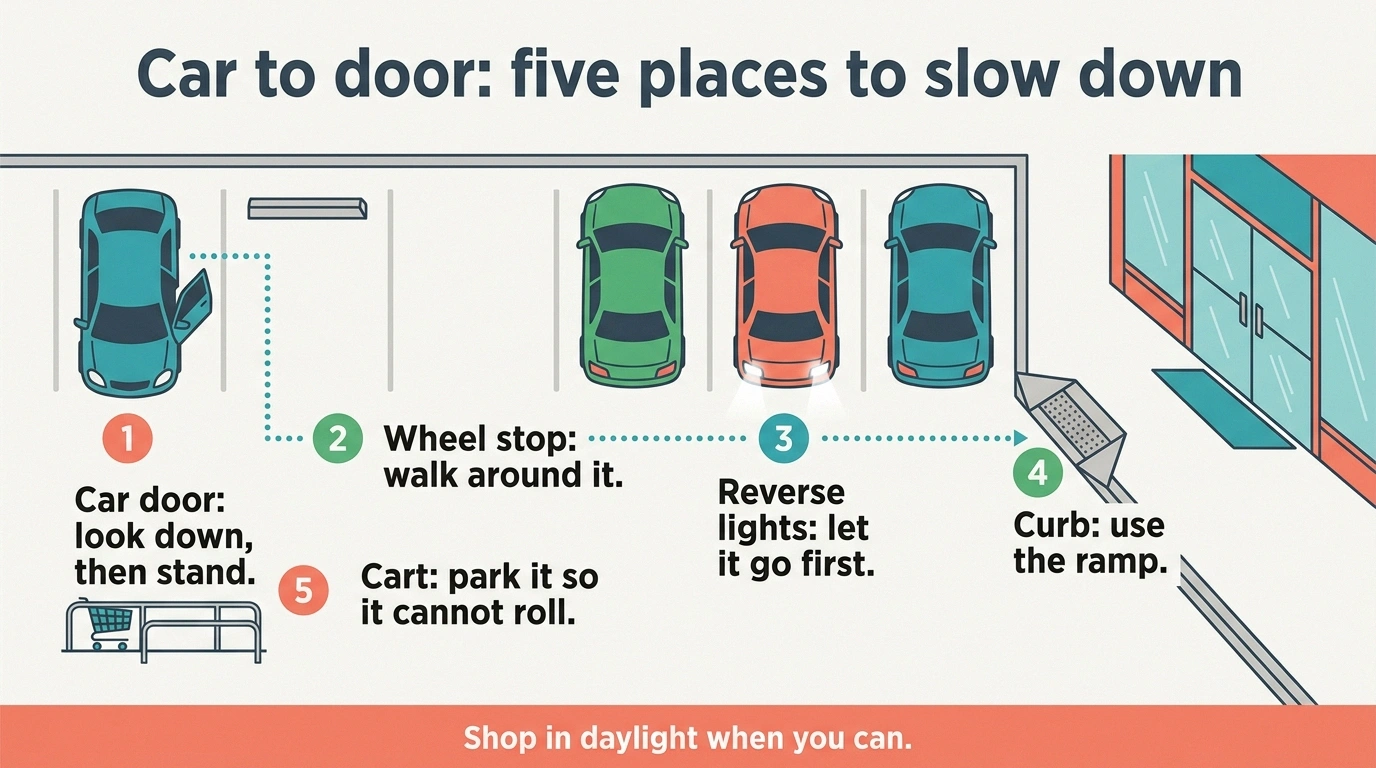 Infographic of five parking lot spots where numb feet need extra care