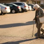 Older woman with a cane stepping off a curb into a parking lot