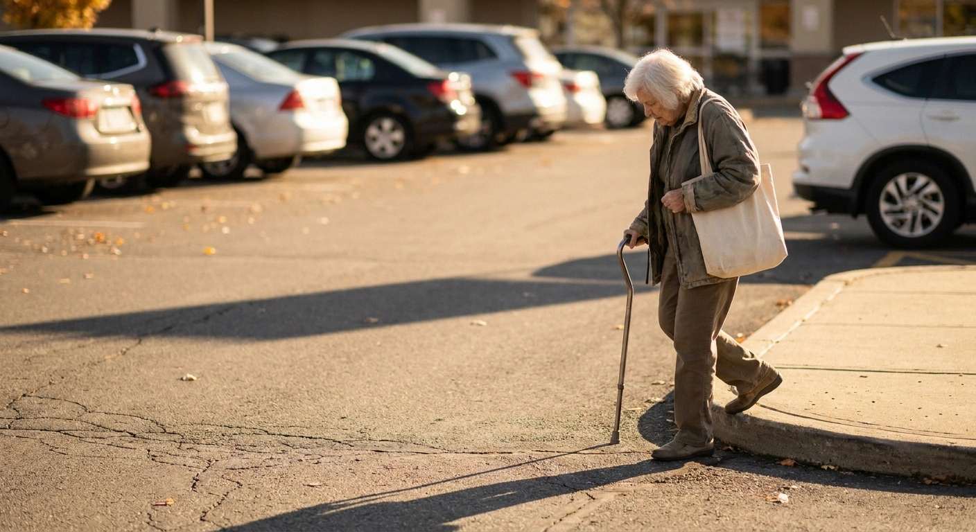 Older woman with a cane stepping off a curb into a parking lot