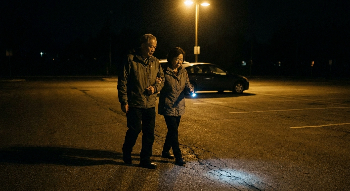 Older couple crossing a lit parking lot at night with a small flashlight
