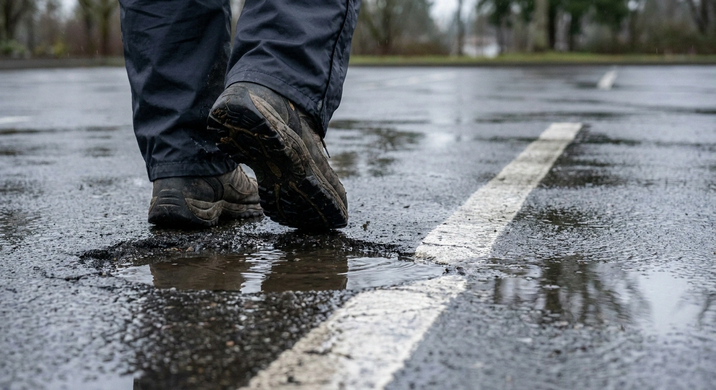Walking shoes stepping beside a rain-filled pothole on wet asphalt