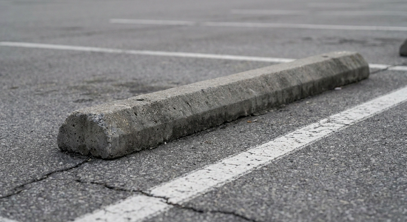 Low gray concrete wheel stop at the head of a parking space