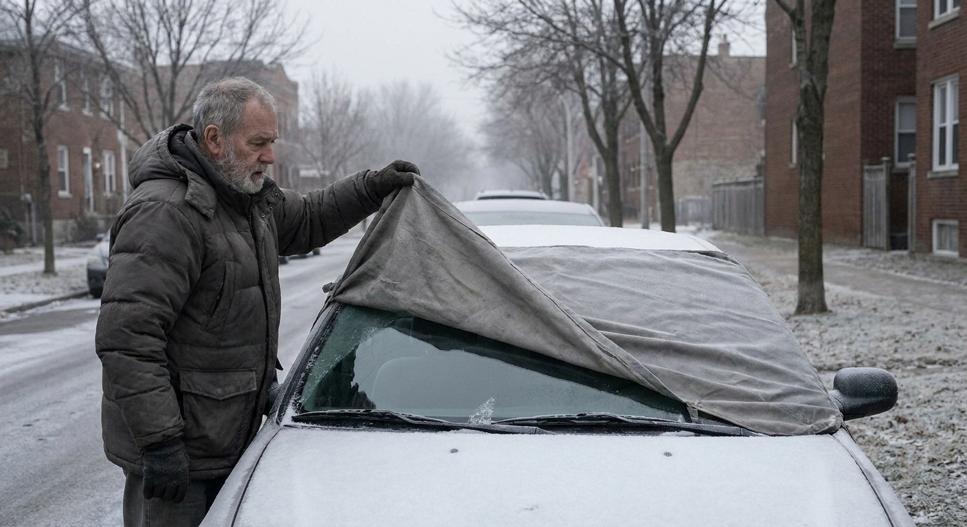 Older man pulling a frost cover off his windshield on a winter morning