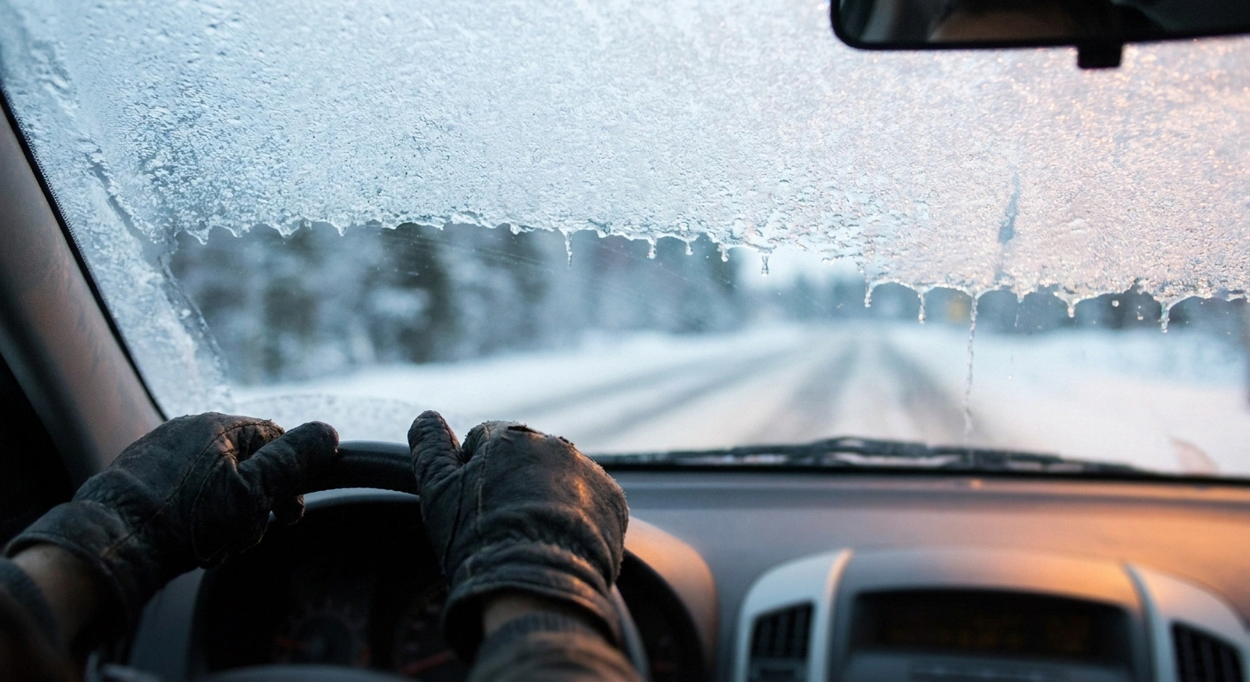 Gloved hands on a steering wheel as the defroster clears a frosted windshield