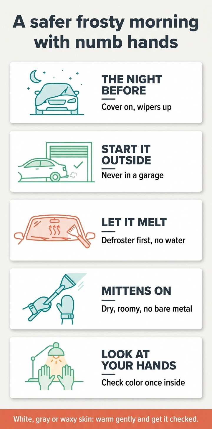 Infographic of five steps for a safer frosty morning with numb hands
